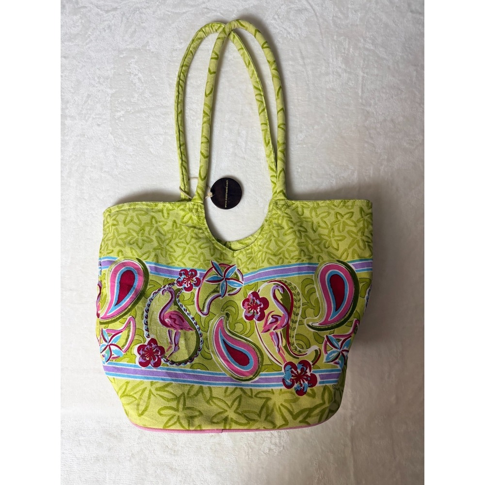 Sun N Sand Flamingo Paisley Tropical Tote Bag Lime Green Pink Beach Purse